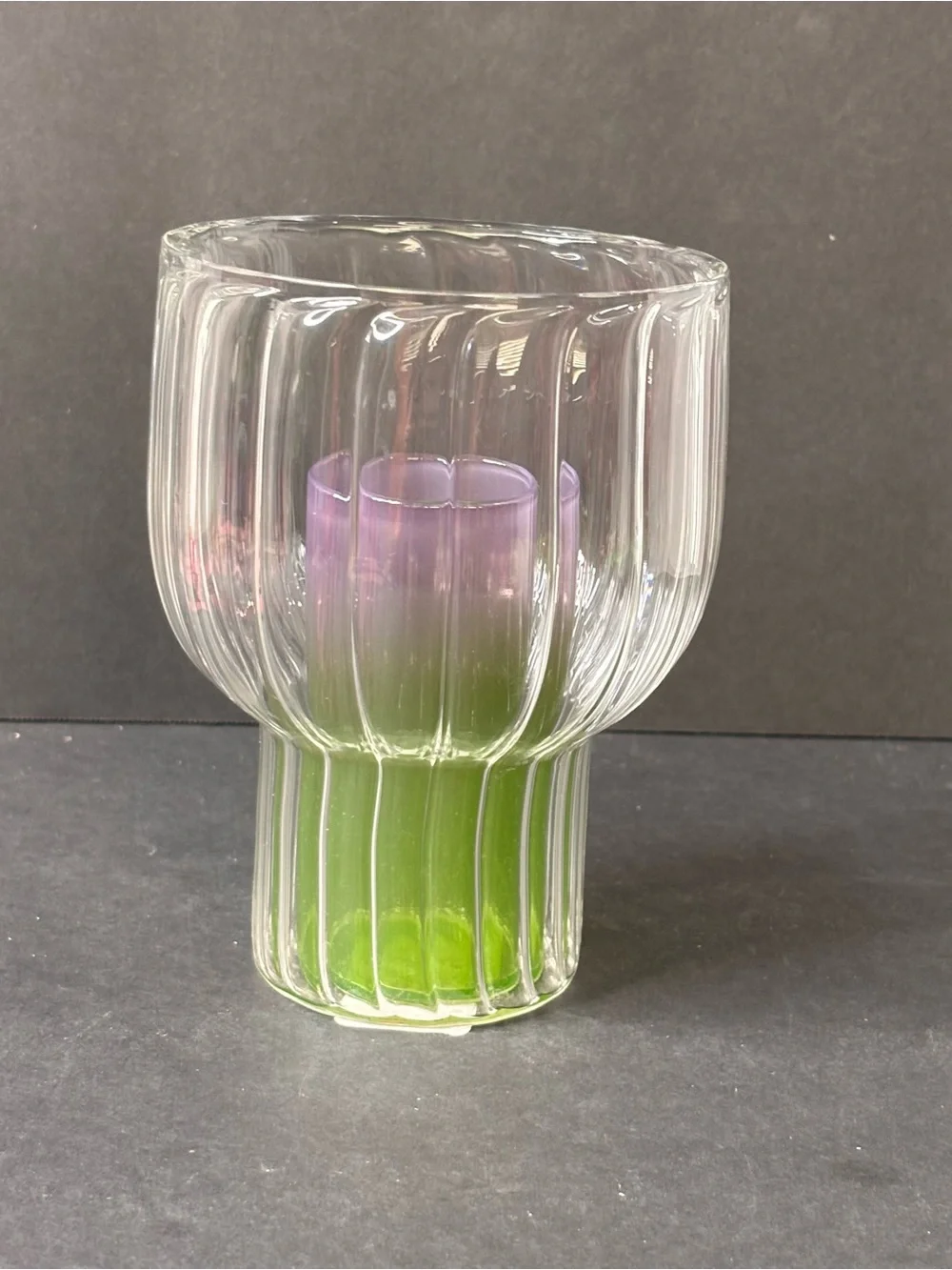 Anthropologie Lucia Neon Glass Vase Fluted Clear Outer Green & Purple Inside NWT